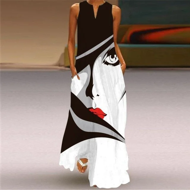 🤗Womens Face Print V-neck Fashion Casual Maxi Dress