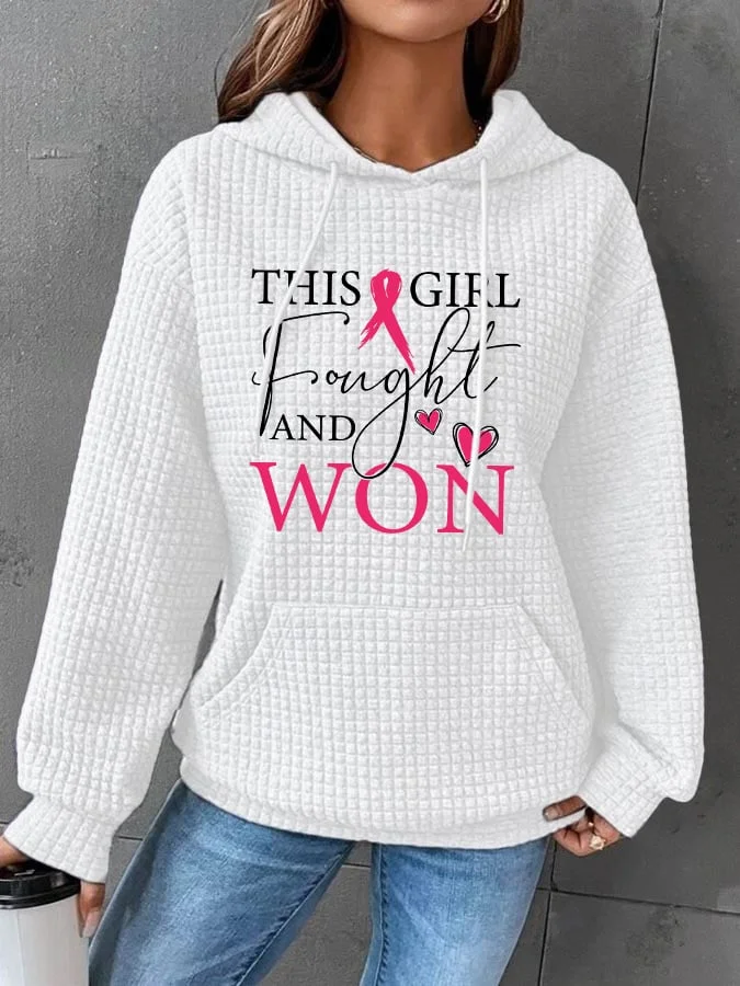 Women's This Girl Fought And Won Breast Cancer Awareness Print Waffle Hooded Sweatshirt socialshop