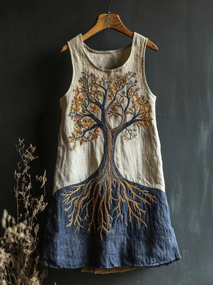 Utbros Tree Of Life Embroidered Vintage Art Women's Linen Vest Dress