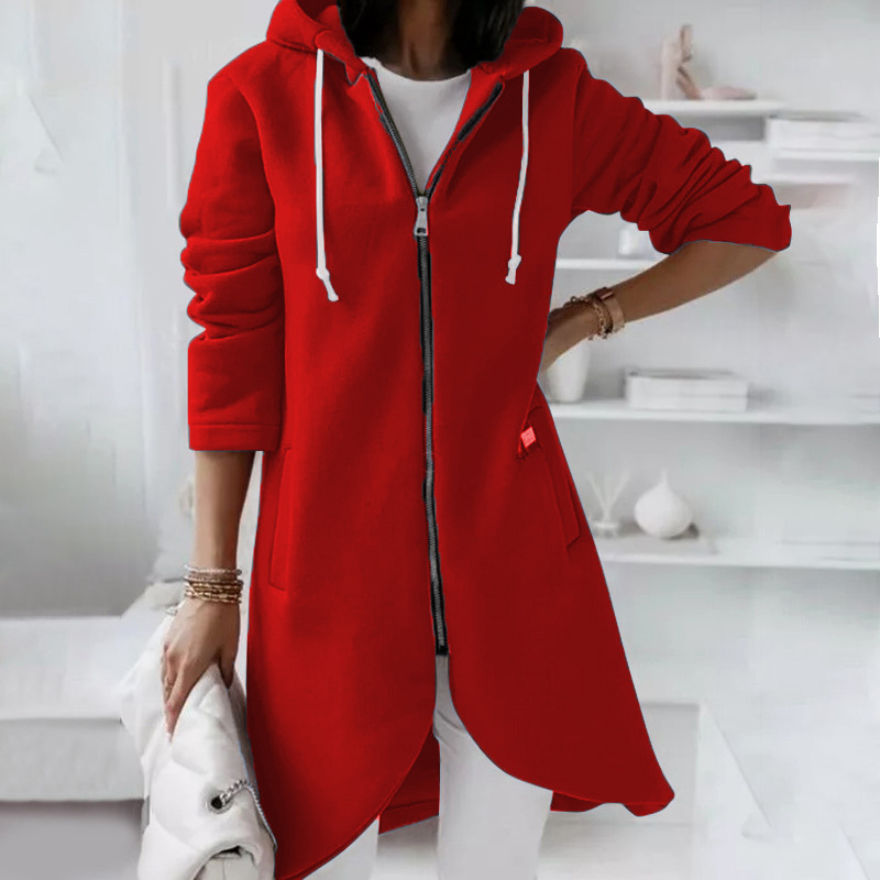 Aquavibeshop Autumn Women Long Hoodies Sweatshirt Coat Zip Up Solid Hooded Jacket Winter Casual Pockets Outwear Female Long Jackets