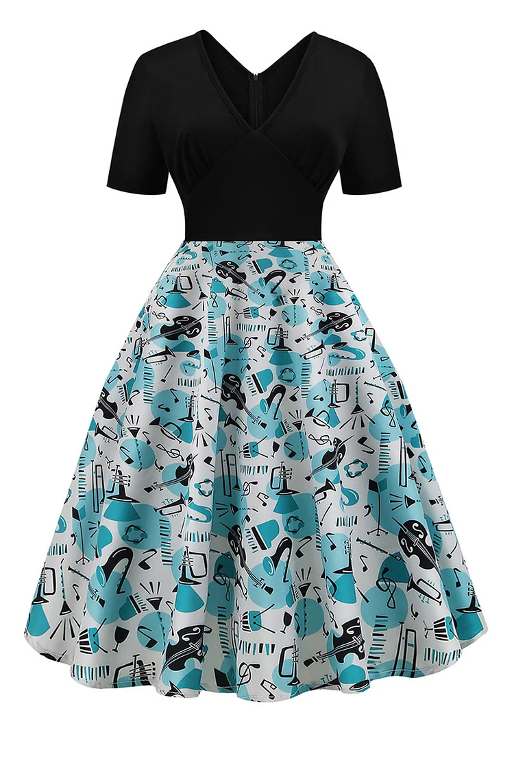 1950s Sky Blue Party Patchwork Pattern Print V Neck Fitted Waist Flare Swing Midi Dress