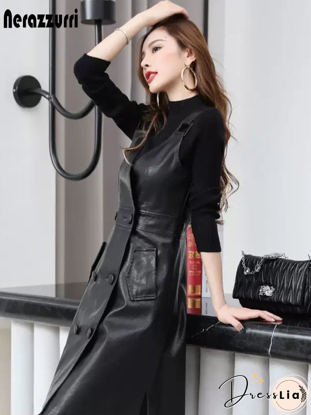 Summer Long Black Leather Dress Womens Strap Midi Faux For Womens Elegant Korean Fashion
