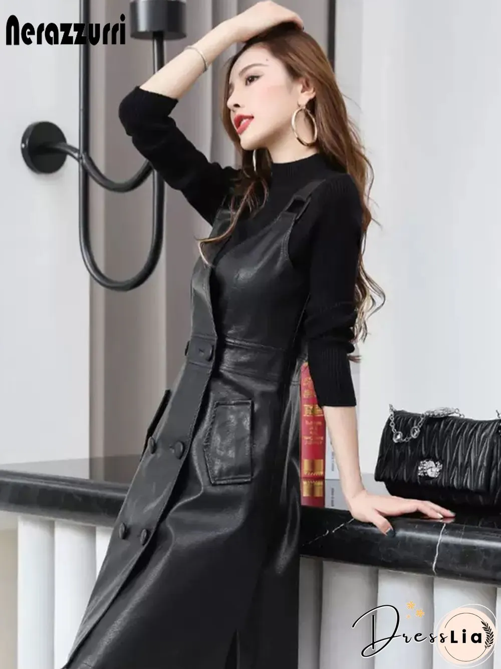 Summer Long Black Leather Dress Womens Strap Midi Faux For Womens Elegant Korean Fashion