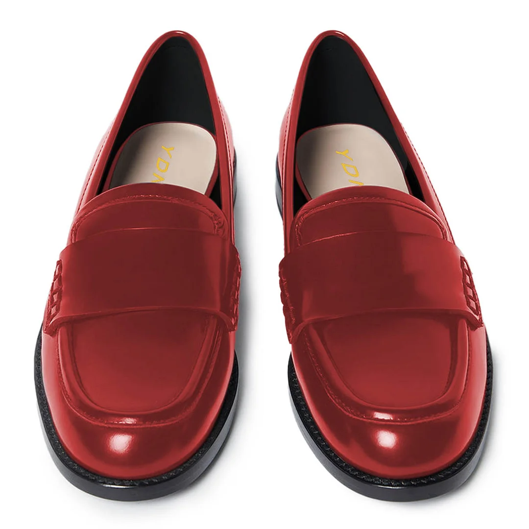 Shiny Red Vegan Leather Round Toe Flat Comfy Loafers for Ladies