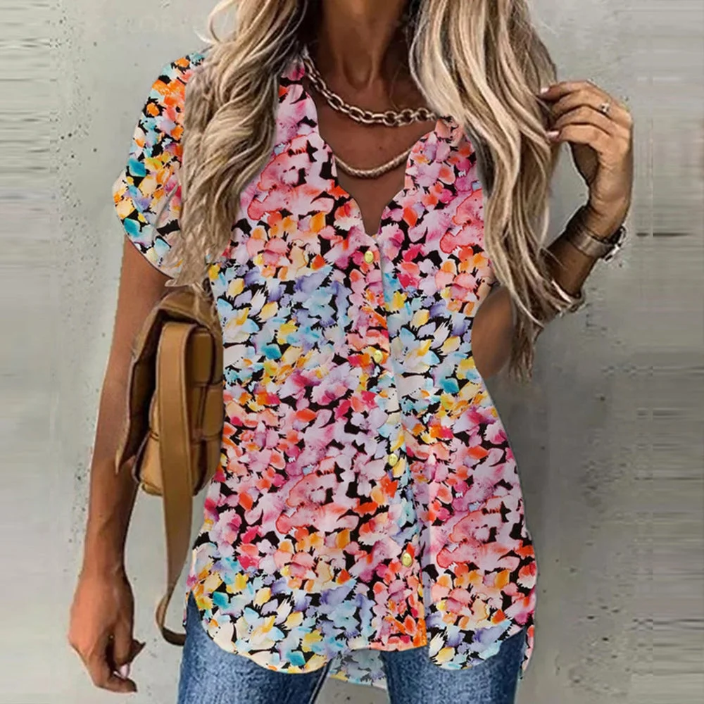 Pink and Blue Flower Paradise Short Sleeve Blouse Top