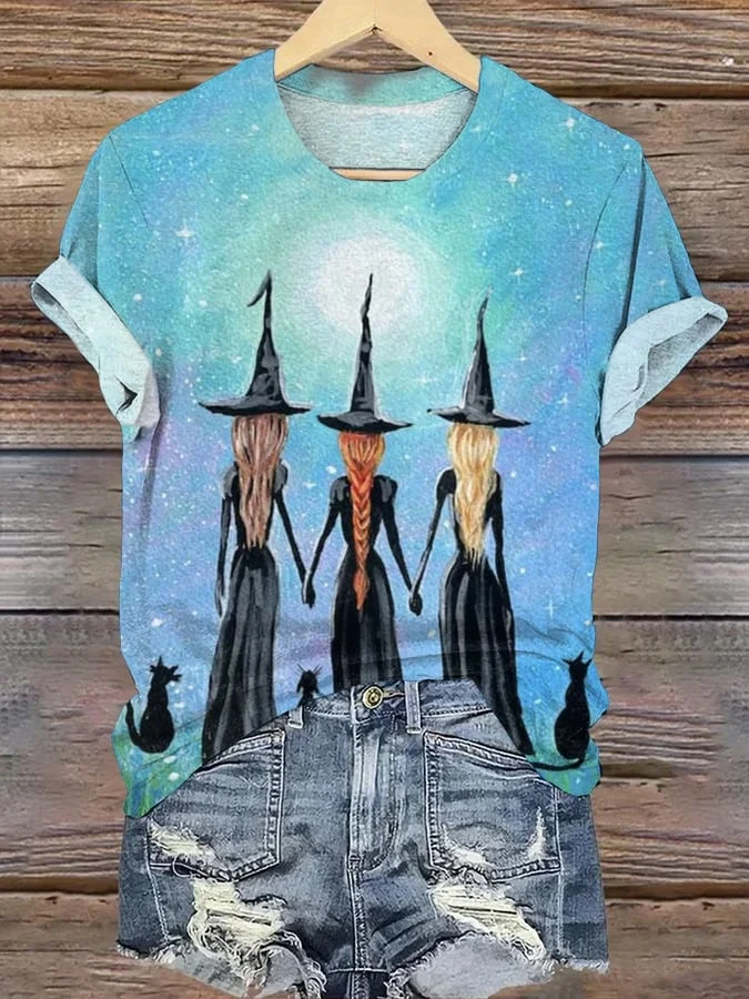 Women's Witches Print Round Neck T-Shirt
