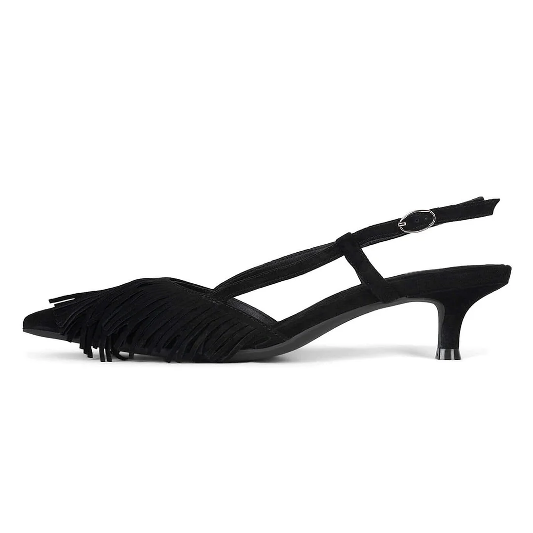 Black Faux Suede Fringe Inlay Buckle Slingback Pumps with Kitten Heel