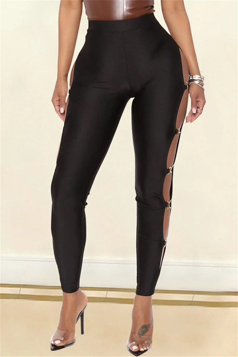 Fashion Casual Solid Hollowed Out Skinny High Waist Pencil Trousers