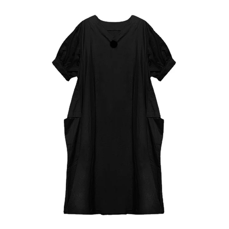 Personalized Splicing Pocket V-neck Short Sleeve Midi Dress - yankia