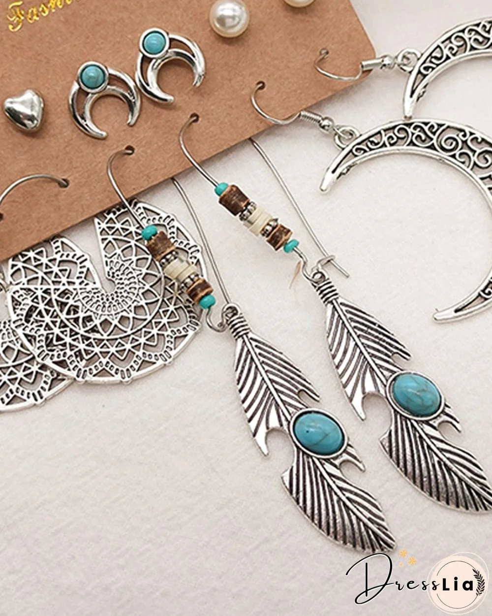 6Pairs Moon & Feather & Beaded Vintage Earrings Set