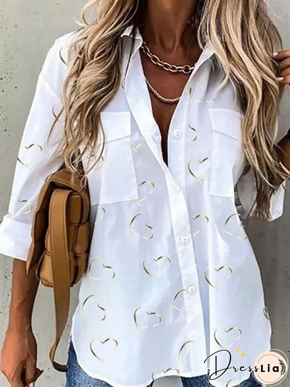 White Printed Casual Long Sleeve Shirt Collar Shift Blouse
