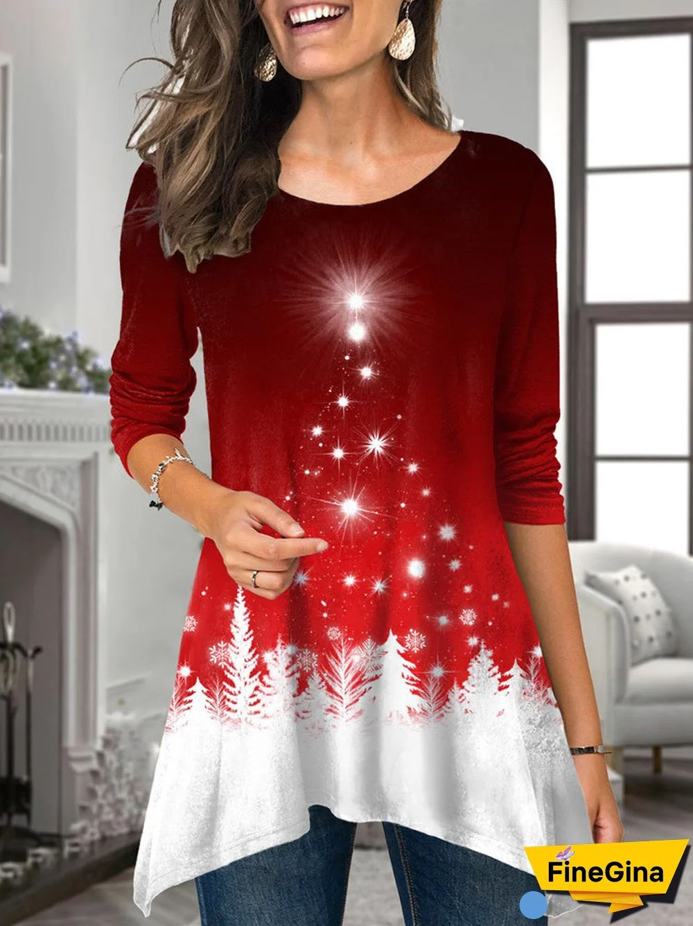 Women's Stitching Graphic Christmas Printed Solid Color Scoop Neck Long Sleeve Top