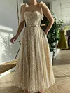 Gold Champagne Sparkling Sequin Ball Gown Tie Ribbon Strap Glittering Tea Length Unique Wedding Guest Prom Dress Sweetheart Bodice Tulle