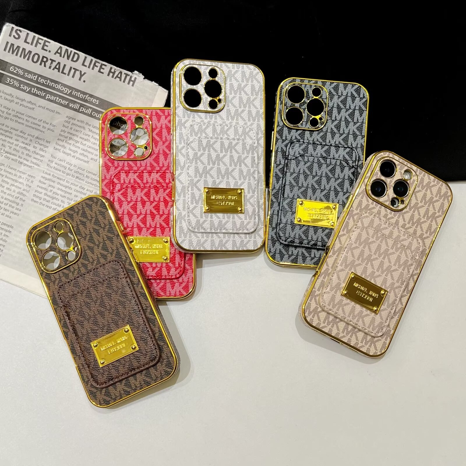 MK Signature Canvas Leather Back Card Holder Apple iPhone Case