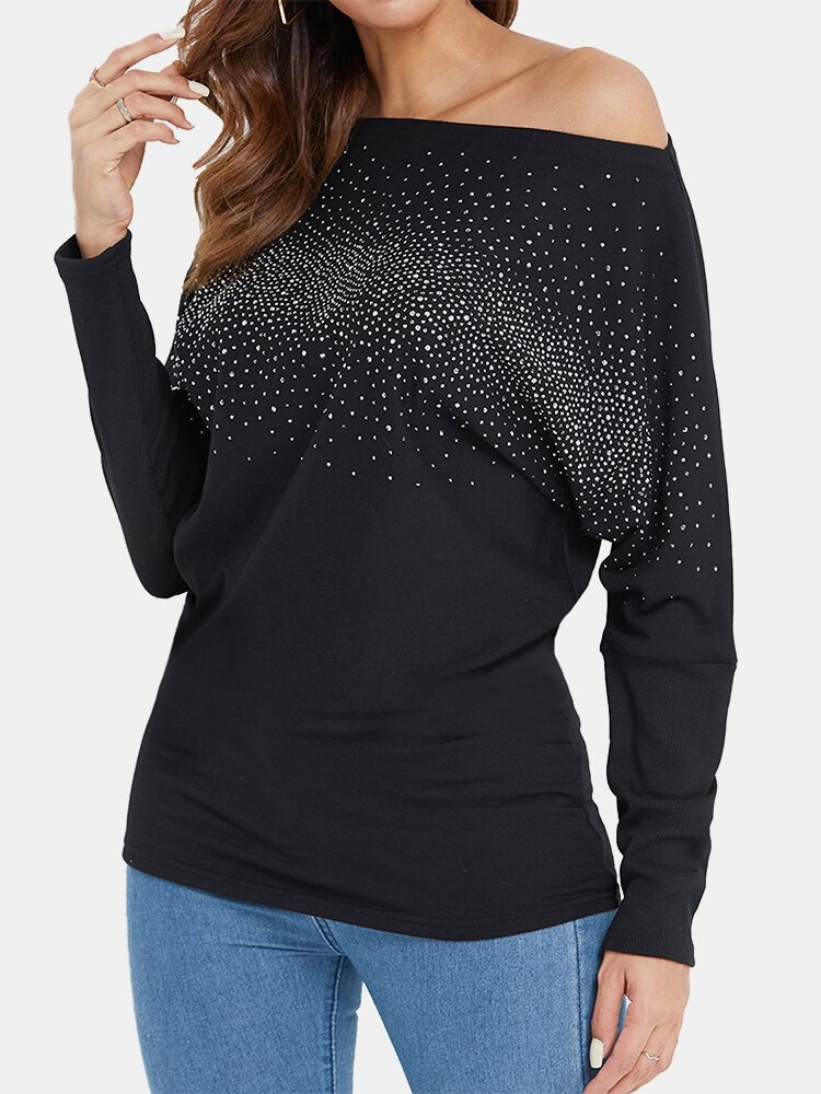 One shoulder Paste Drill Bat Sleeve Knit Shirt P1635019