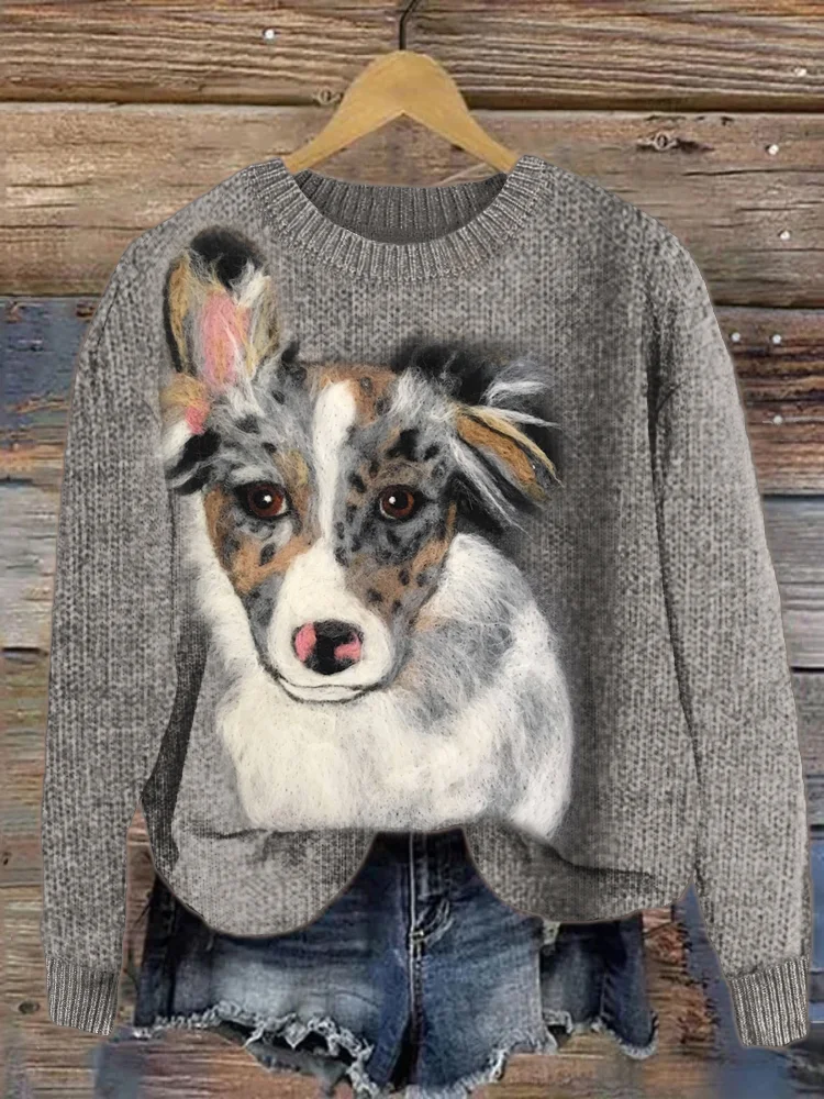 Pretty Australian Shepherd Dog Felt Cozy Knit Sweater