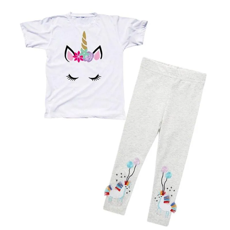 Girls Summer Clothes Set Unicorn Short Sleeve T-shirt+Pants 2PCS Outfits Kids Cartoon Print Cotton Leggings Children Clothing