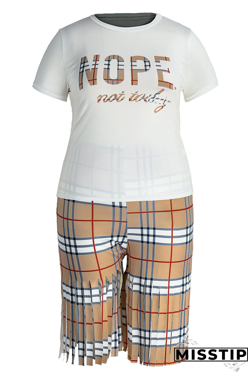 Black White Casual Street Print Tassel Patchwork O Neck Plus Size Two Pieces