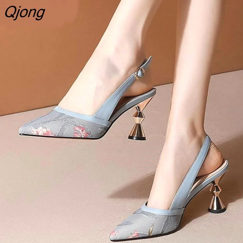 Qjong Shallow Mouth Sandals Women 2022 Summer New Fashion Flowers Sexy Pointed Toe Buckle High-heeled Women's Shoes