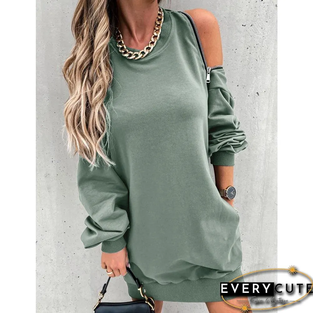 Pea Green Zipper Shoulder Long Sleeve Casual Dress