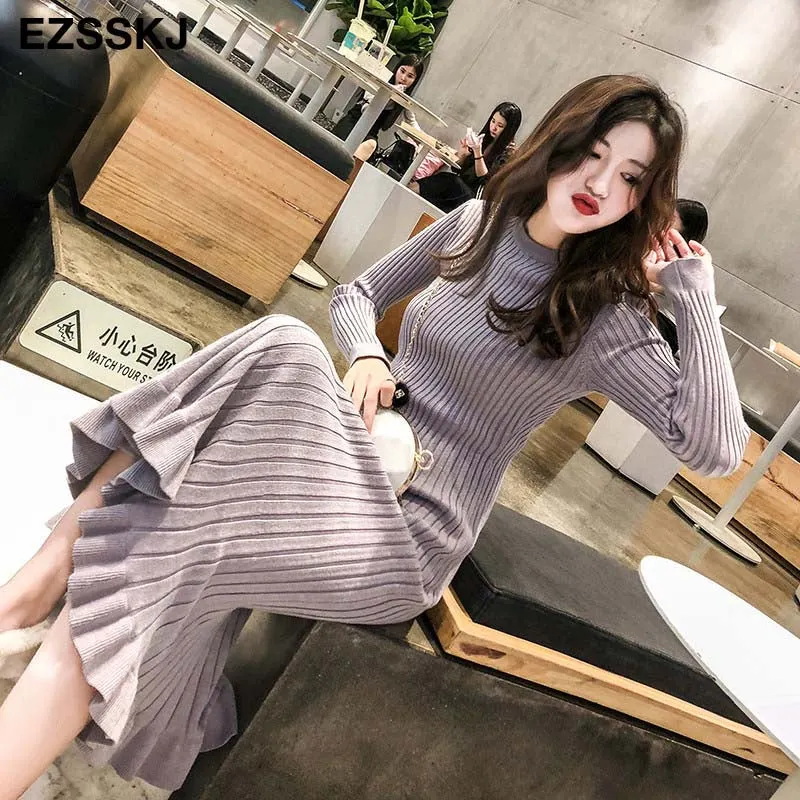 2022 autumn winter thick mermaid maxi sweater dress women o-neck long sweater dress elegant female a-line slim sexy knit dress