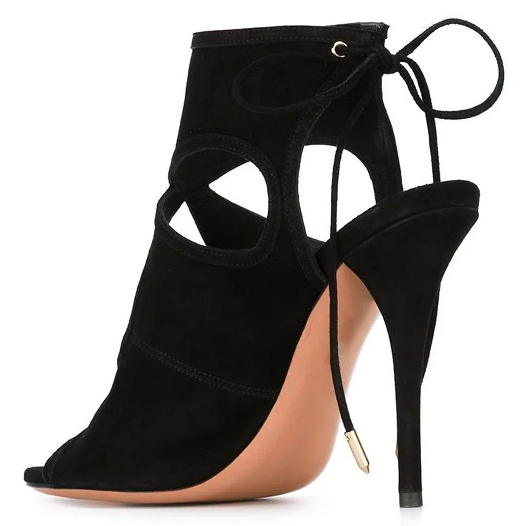 Black Vegan Suede Open Toe Cut Out Slingback Stiletto Heeled Sandals