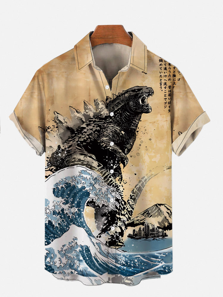 Ancient painting Ukiyo-e Godzilla and sea wave print shirt PLUSCLOTHESMAN