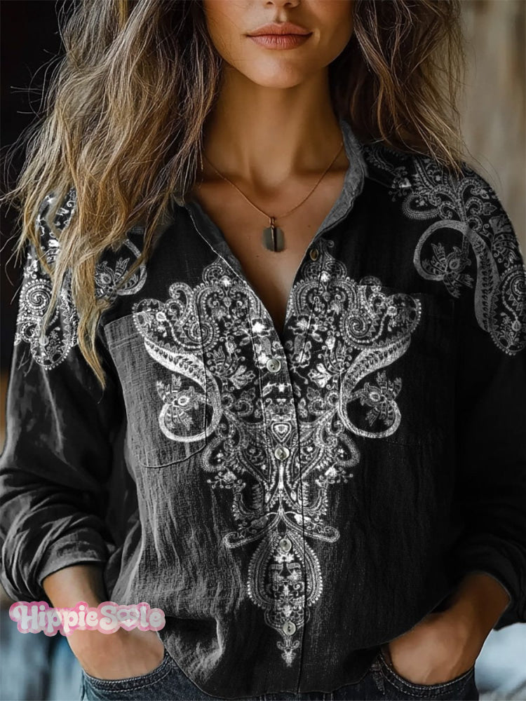 Ethnic Pattern Printed Women’s Casual Long Sleeve Comfortable Cotton Shirt Multicolor / S