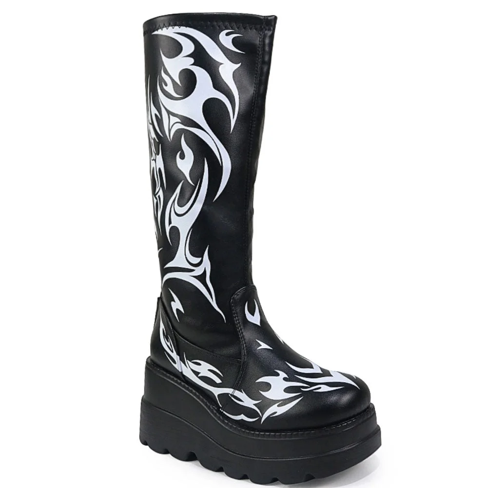 2021 Big Size 43 Gothic Style Black Wedges High Heels Platform Trendy Cool Autumn Winter Motorcycles Boots Shoes Women Footwear