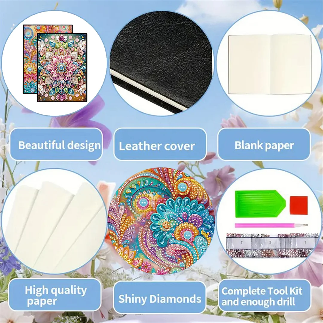 2pcs Flowers Partial DIY 50 Pages A5 Diamond Painting Notebook for Study Home