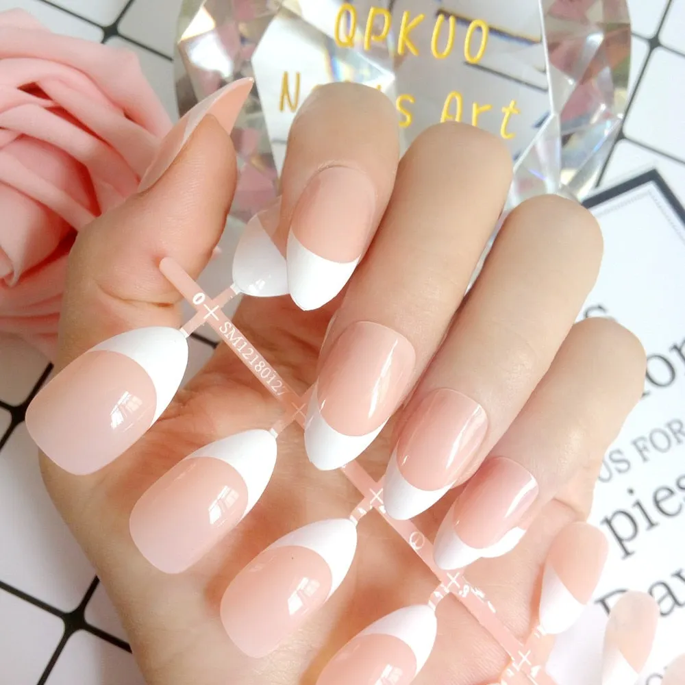 24Pcs Wine Red Artificial False Nails Blooming Gradient Short Stiletto Fake Nails With Design Glitter Gold DIY Manicure Tools-Nail Inspo