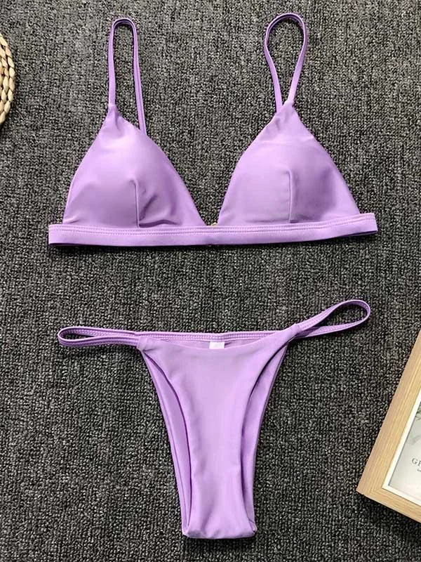 Concise Solid Color Triangles Split Bikini Swimsuit