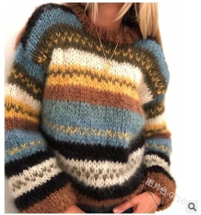 Uveng Uveng And Winter Rainbow Loose Fashion Sweater Casual Warm Knitted Shirt Women's Clothing