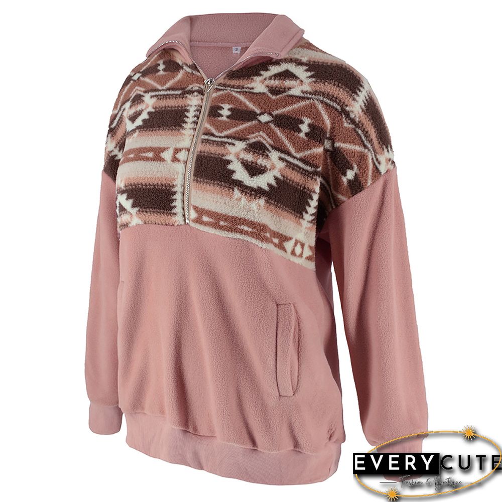 Pink Splice Print Polar Fleece Warm Pullover Sweatshirt