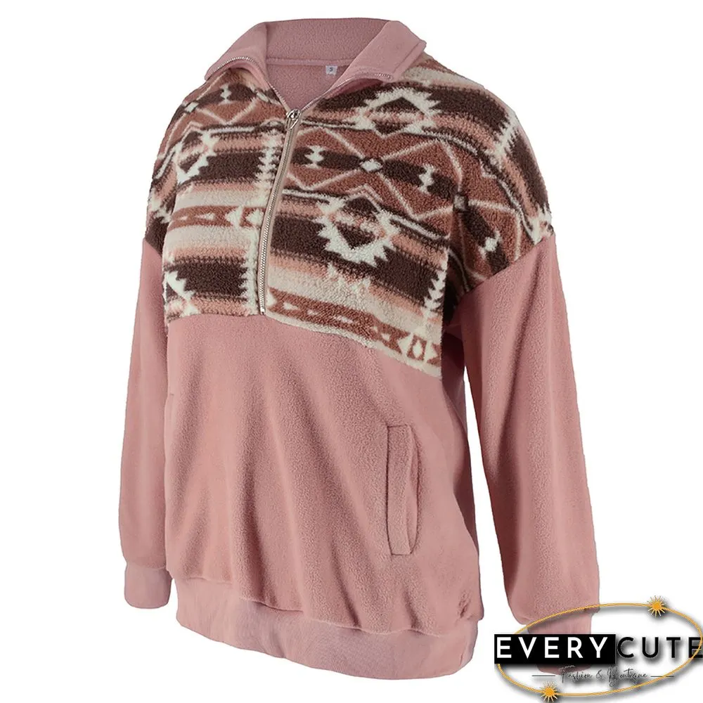 Pink Splice Print Polar Fleece Warm Pullover Sweatshirt