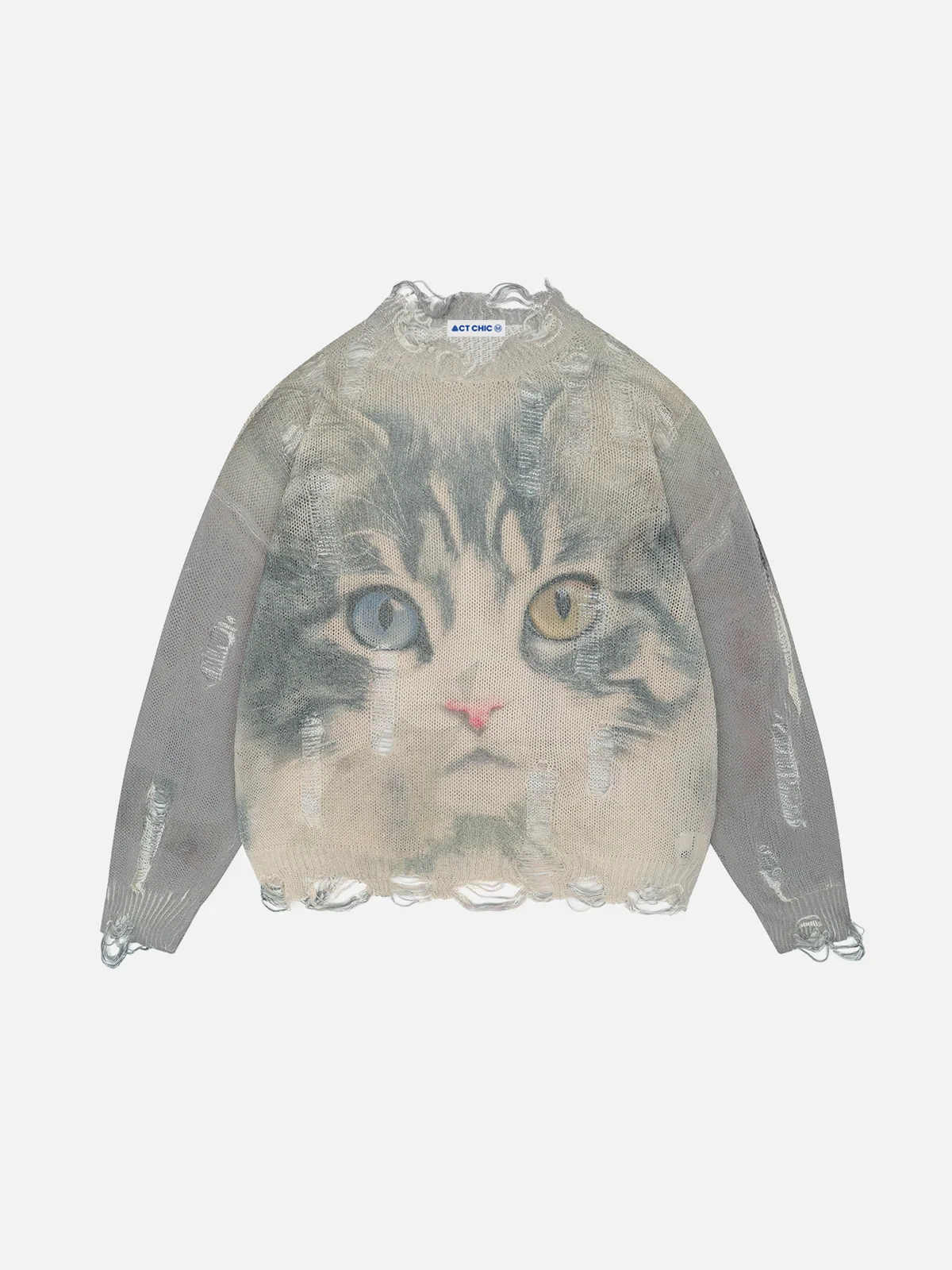 Khaki Heterochromia Eye Cat Graphic Distressed Sweater Front