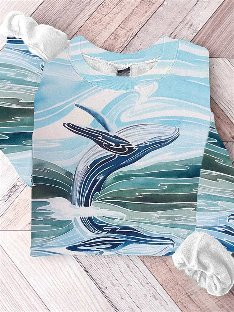 Whale Wave Print Casual Sweatshirt
