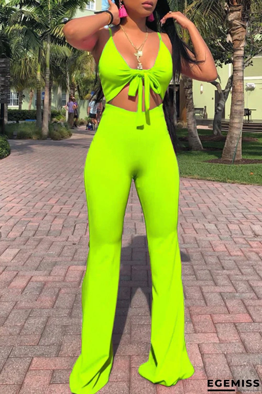 Fluorescent Green Sexy Casual Solid Bandage Hollowed Out Backless Spaghetti Strap Skinny Jumpsuits | EGEMISS