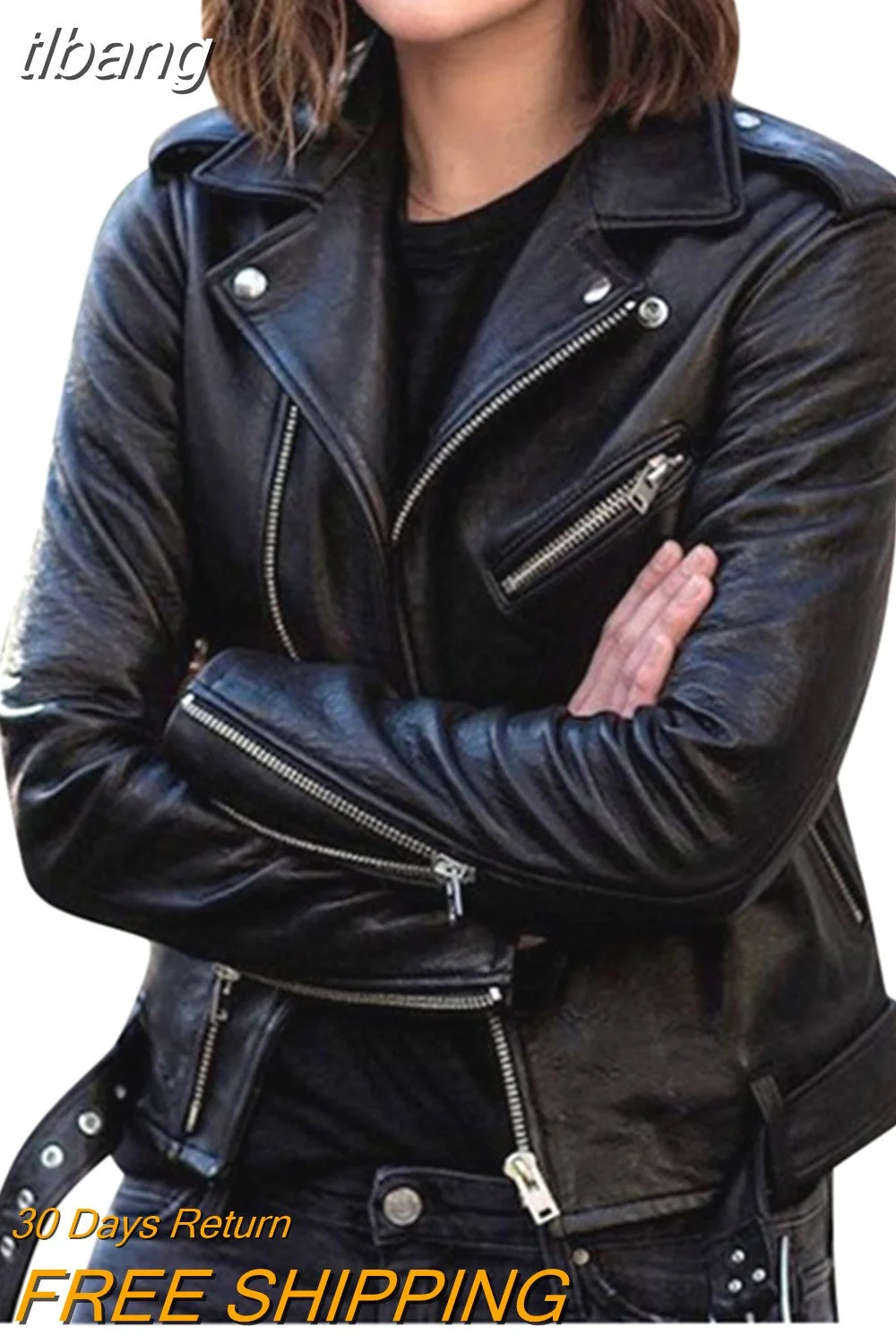 tlbang Short Jacket Solid Revers Female Moto Biker Jackets 2023 Punk Women Cool Faux Leather Jacket Long Sleeve Zipper Equipped