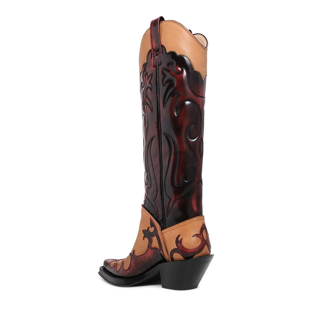 Light Brown & Maroon Chunky Low Stitching Tall Cowboy Boots for Women