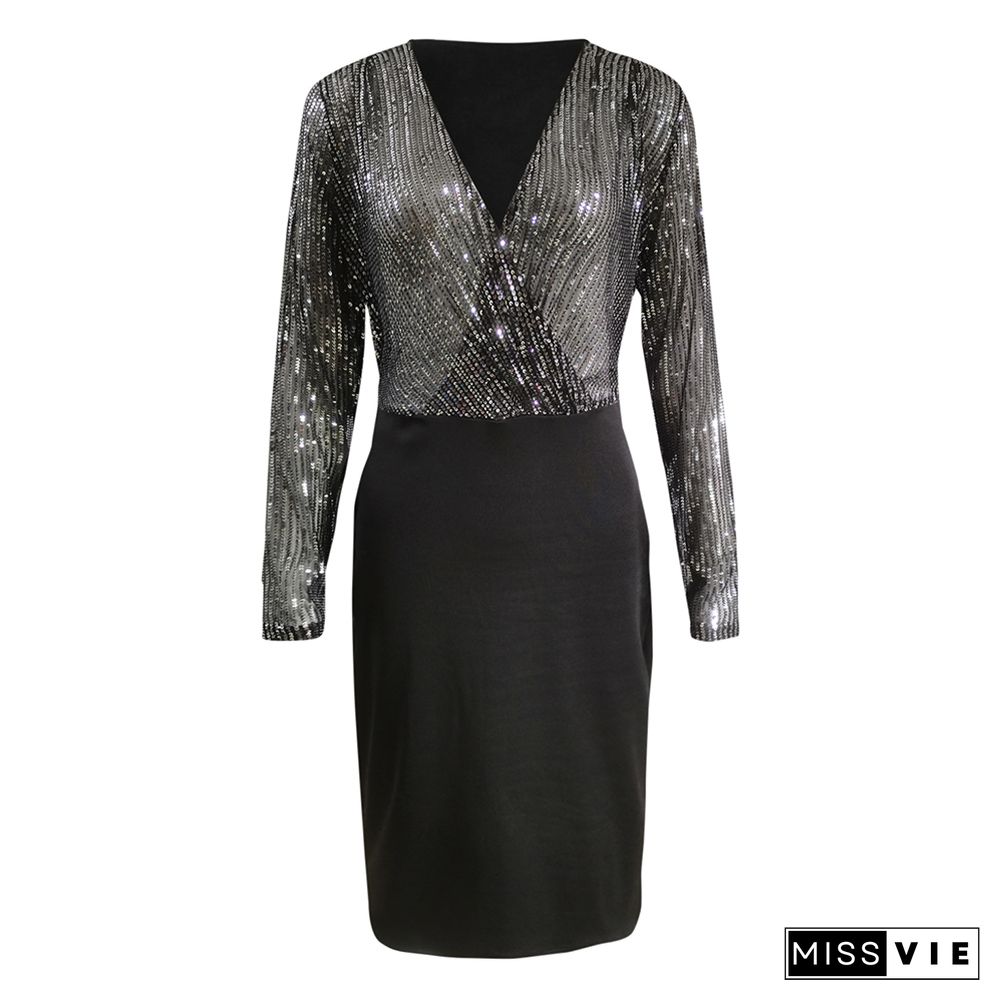 Women's Dress Elegant Patchwork Deep V-neck Long-sleeve Sequin Bodycon Dresses Sexy Female Hip Package Party Dresses New