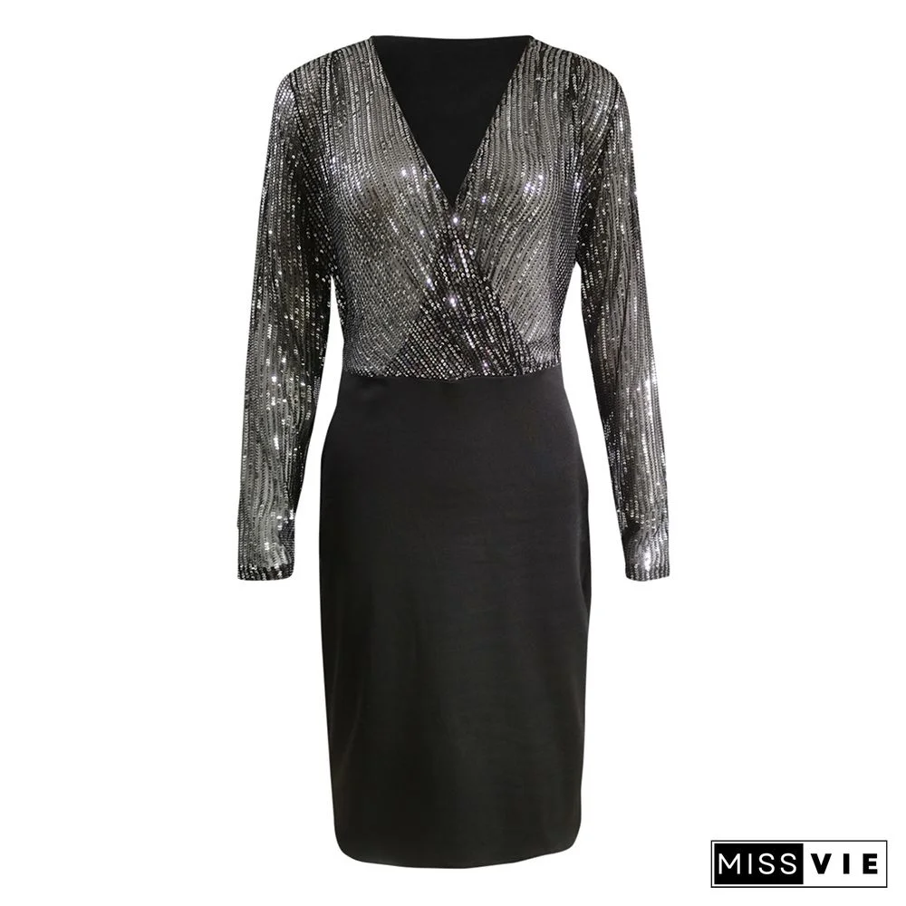 Women's Dress Elegant Patchwork Deep V-neck Long-sleeve Sequin Bodycon Dresses Sexy Female Hip Package Party Dresses New