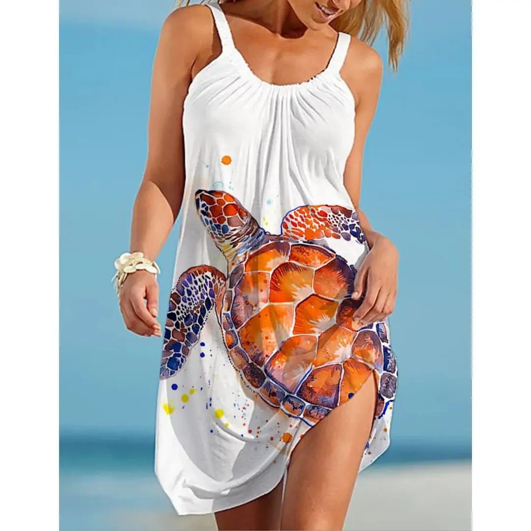 Women's Tturtle Print Beach Dress With Suspenders
