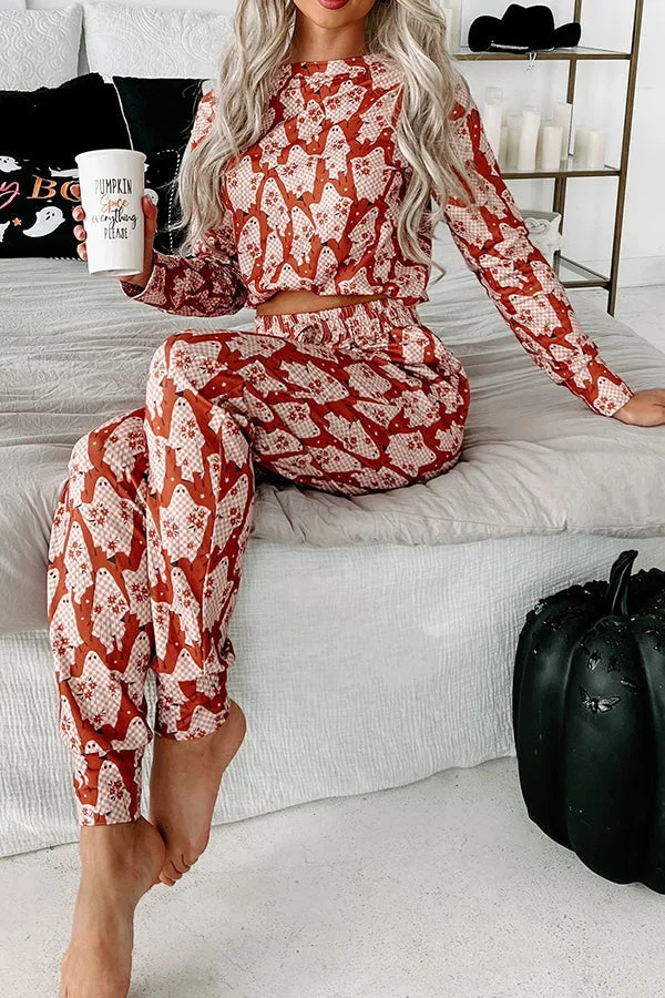 Printed Long Sleeved Crew Neck Top and Elastic Waist Pants Set