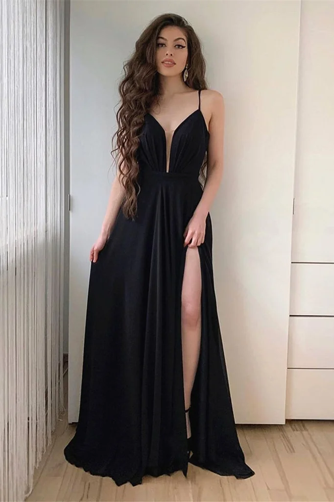 Miabel Spaghetti-Straps Black Long Prom Dress With Split