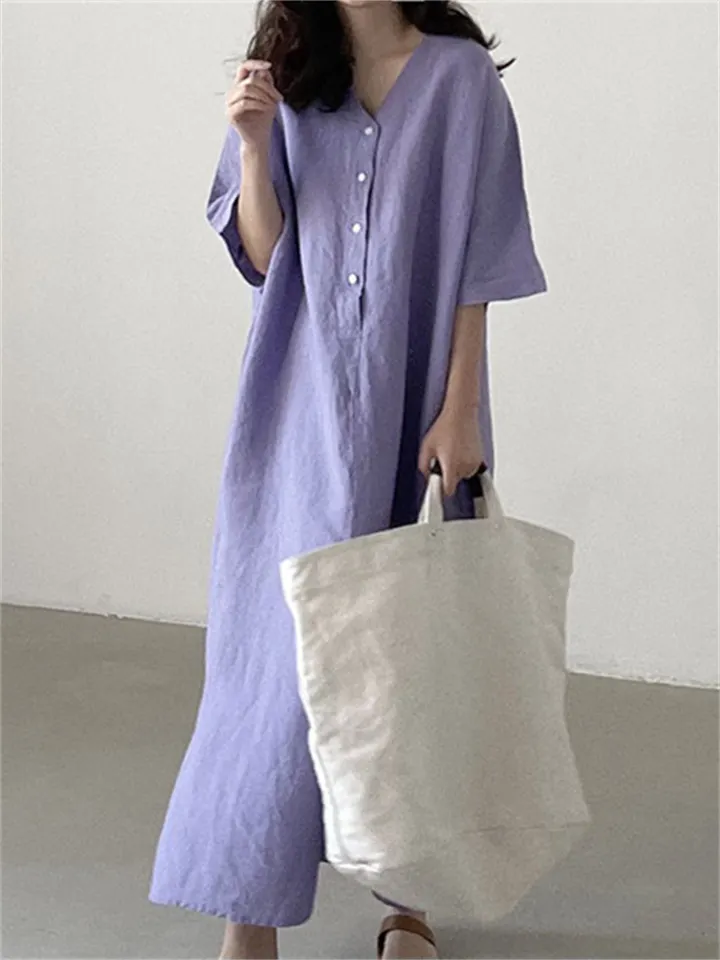 Simple Cotton Linen Dress Loose Short Sleeve Long Shirt Skirt