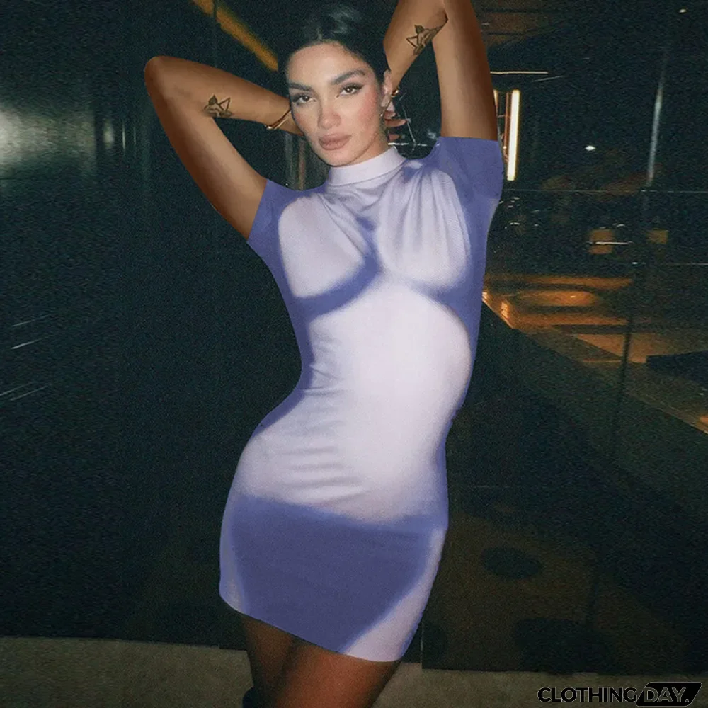 Women's Summer Fashion Printed Slim Fit Round Neck Short Sleeve Bodycon Dress