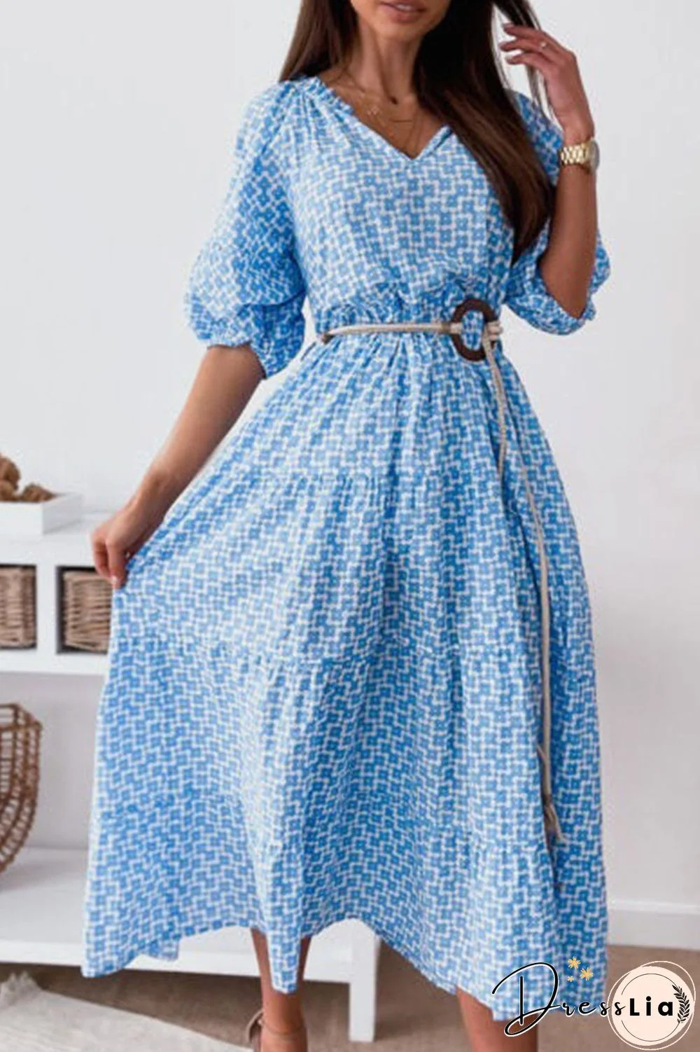 Fashion Street Print Split Joint V Neck A Line Dresses