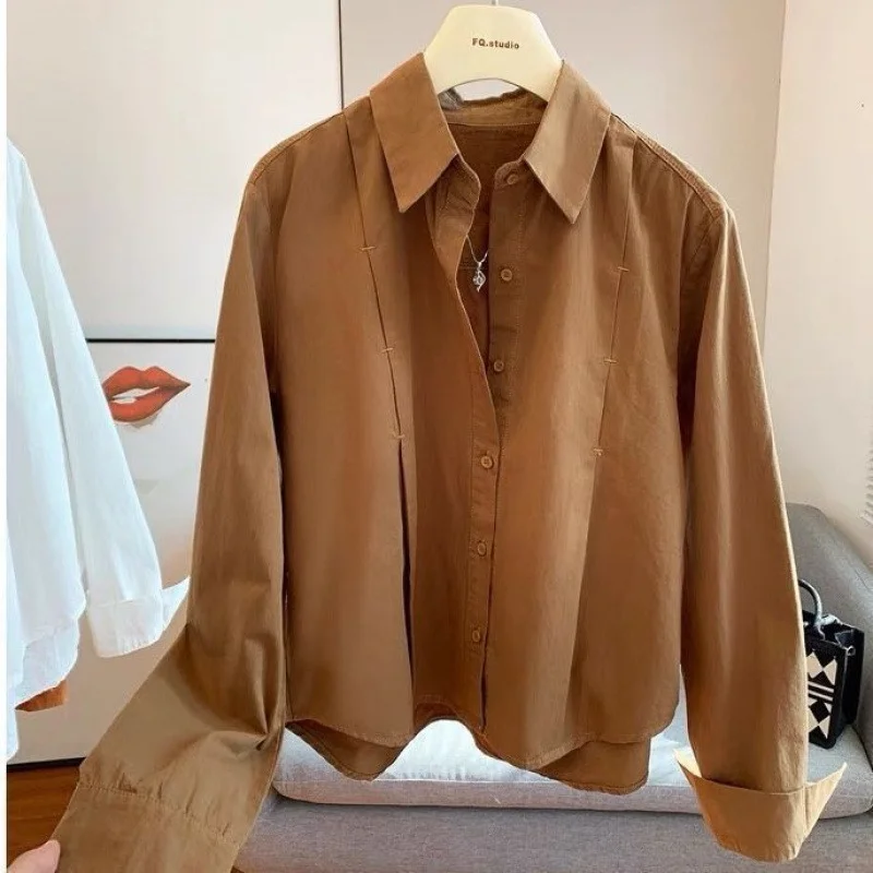 Athvotar Athvotar Cotton Short Loose Shirt Women 2025 Spring Dress New Casual Long-Sleeved Small Orange Shirt Woman