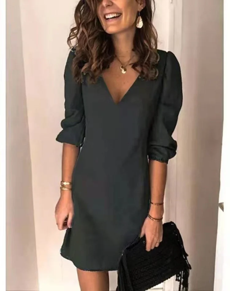 V Neck Solid Mini Dress